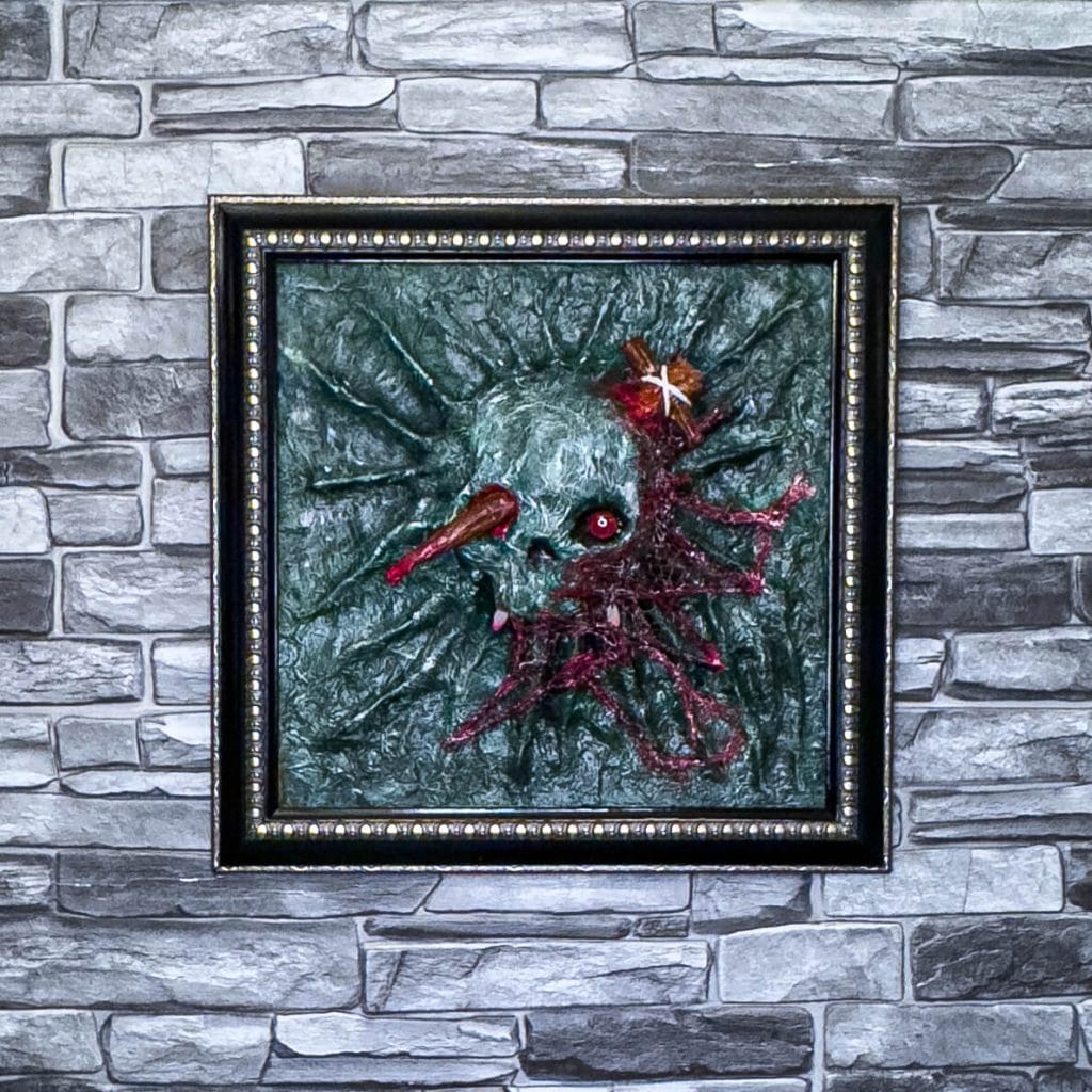 3D mixed media acrylic skull & stake artwork