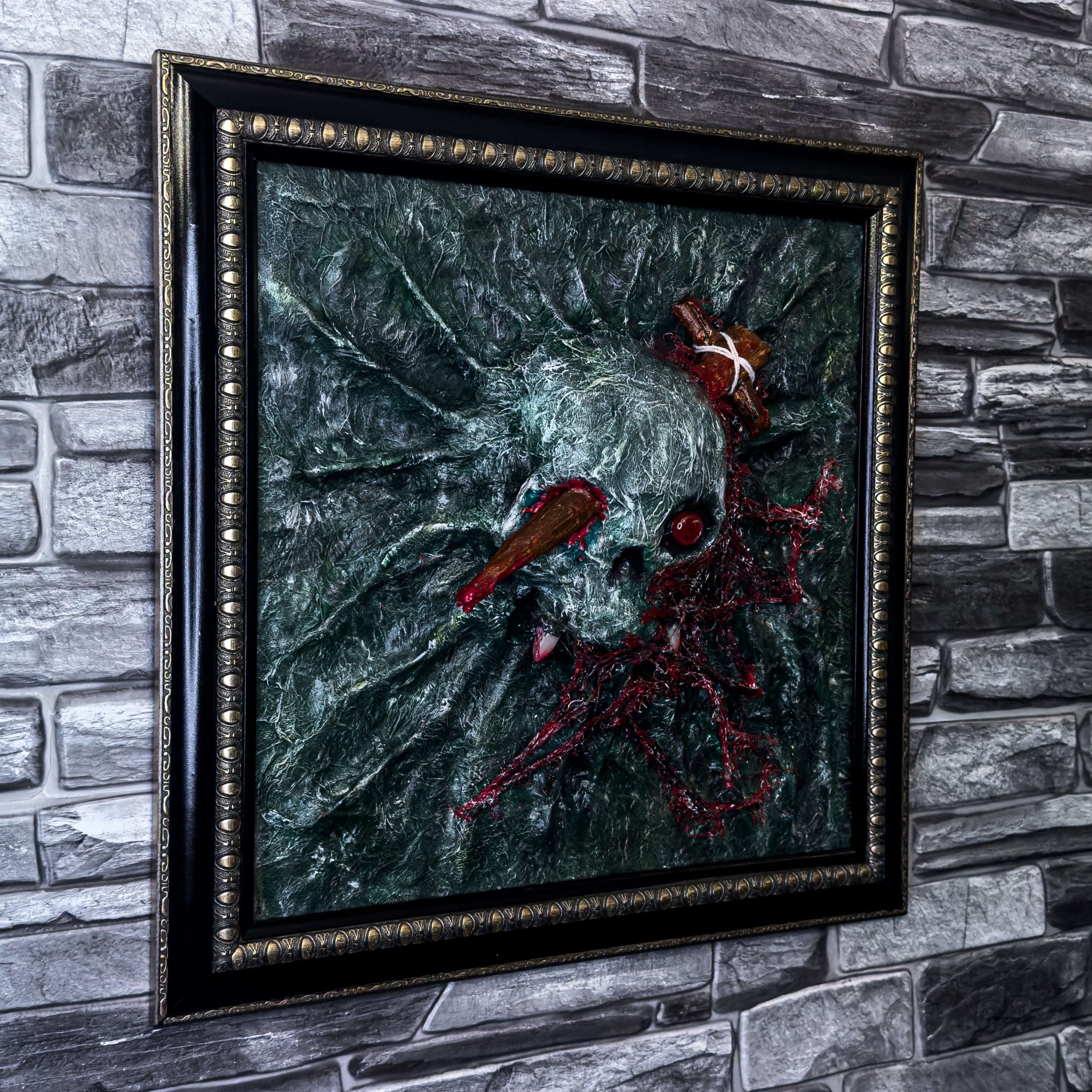 3D mixed media acrylic skull & stake artwork