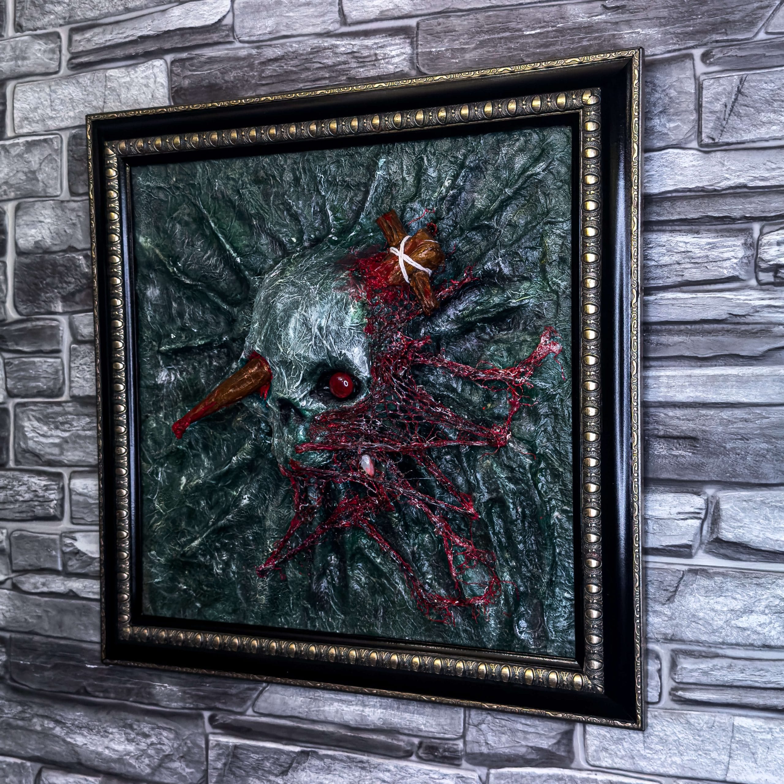 3D mixed media acrylic skull & stake artwork