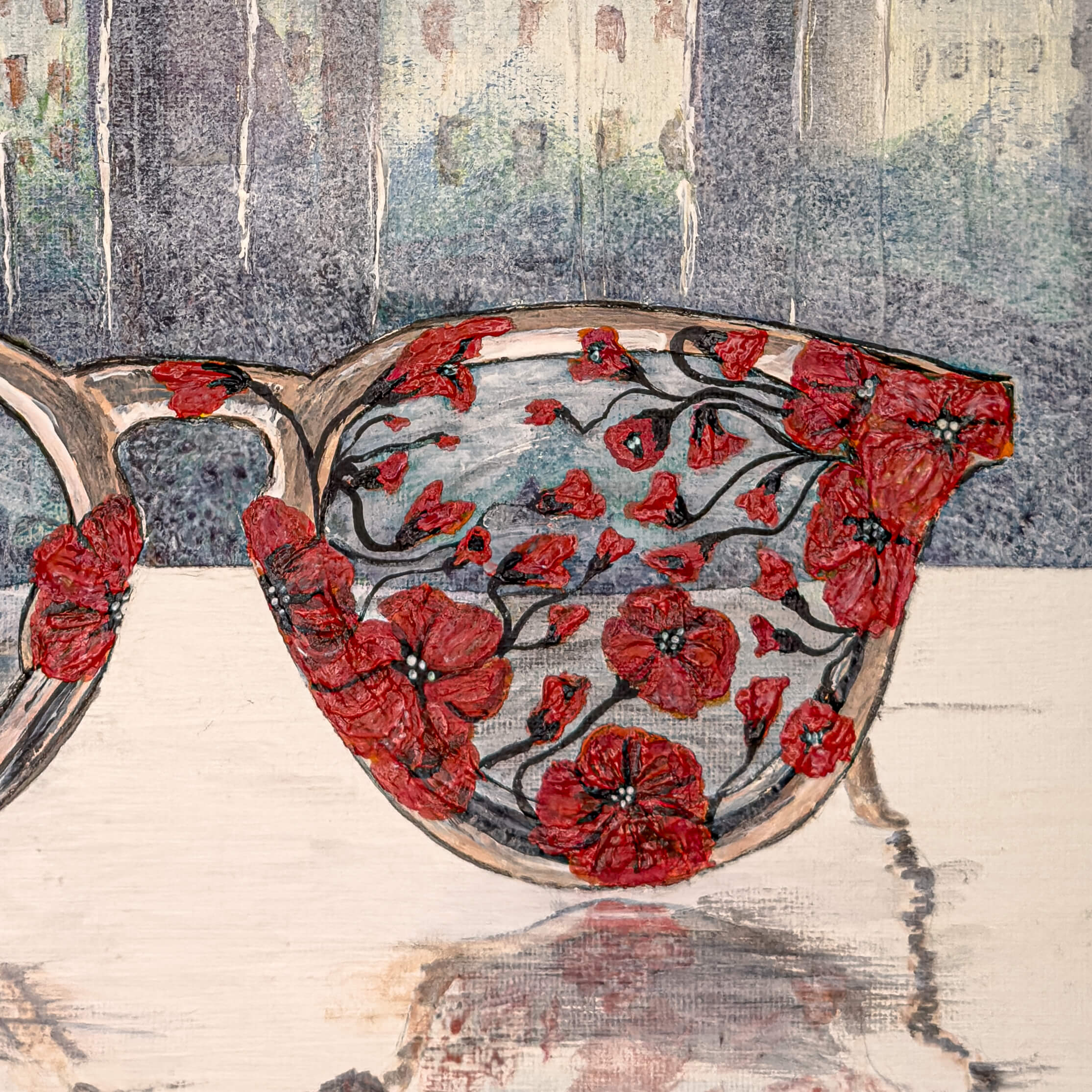 Close up of an acrylic painting of glasses covered by poppies, in front of the Liverpool skyline, on canvas