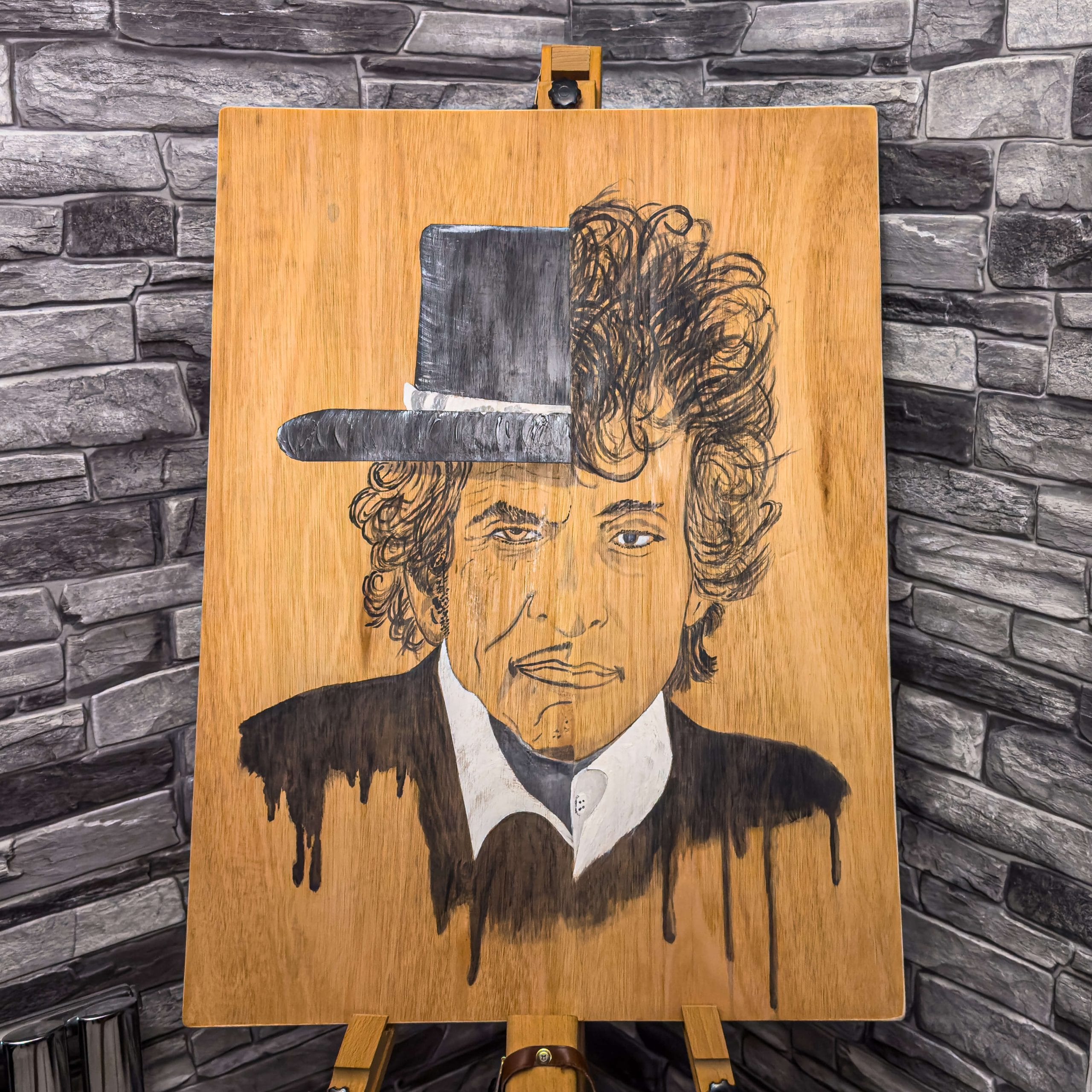 Painting of Bob Dylan on wood by artist De Brûlart