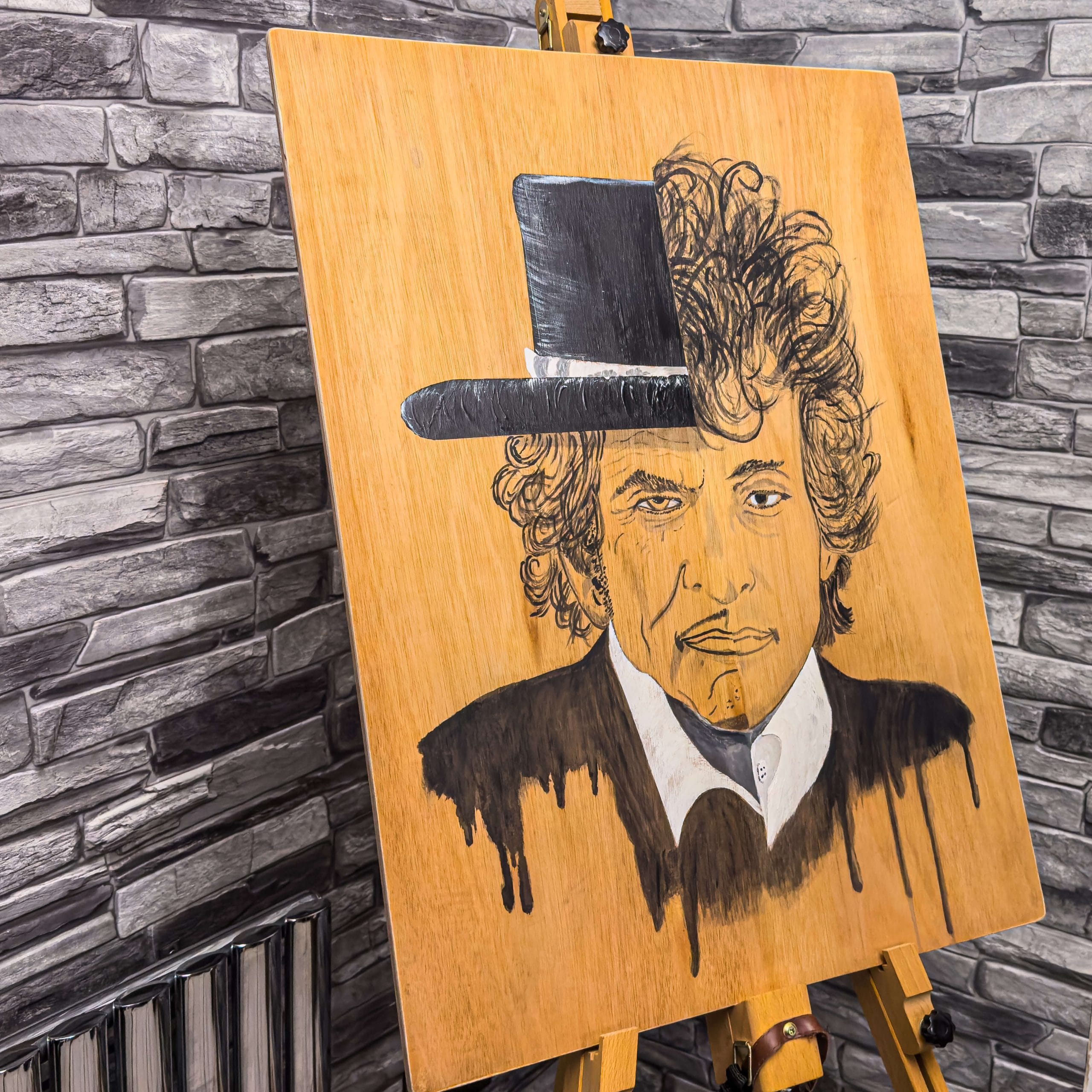 Painting of Bob Dylan on wood by artist De Brûlart