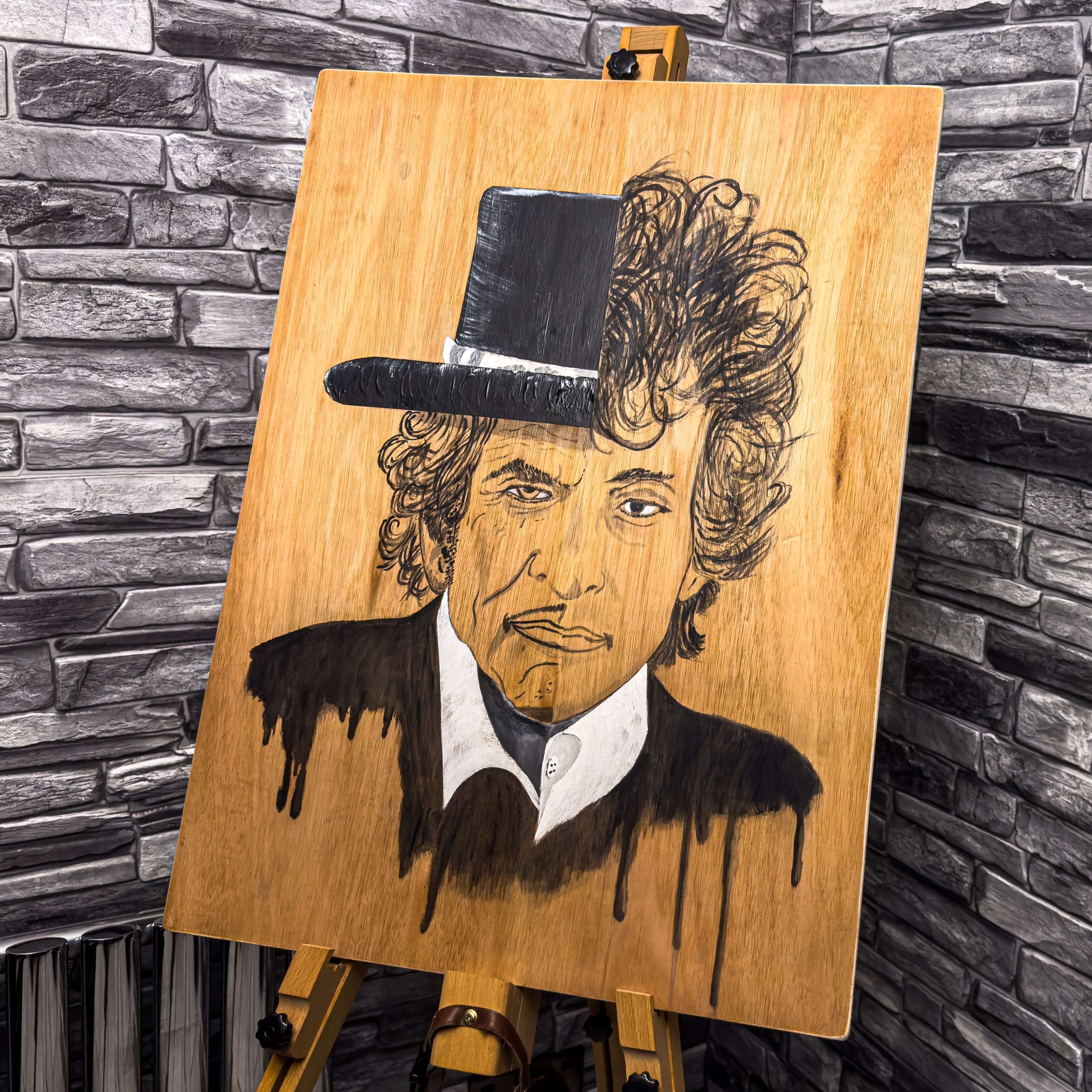 Painting of Bob Dylan on wood by artist De Brûlart