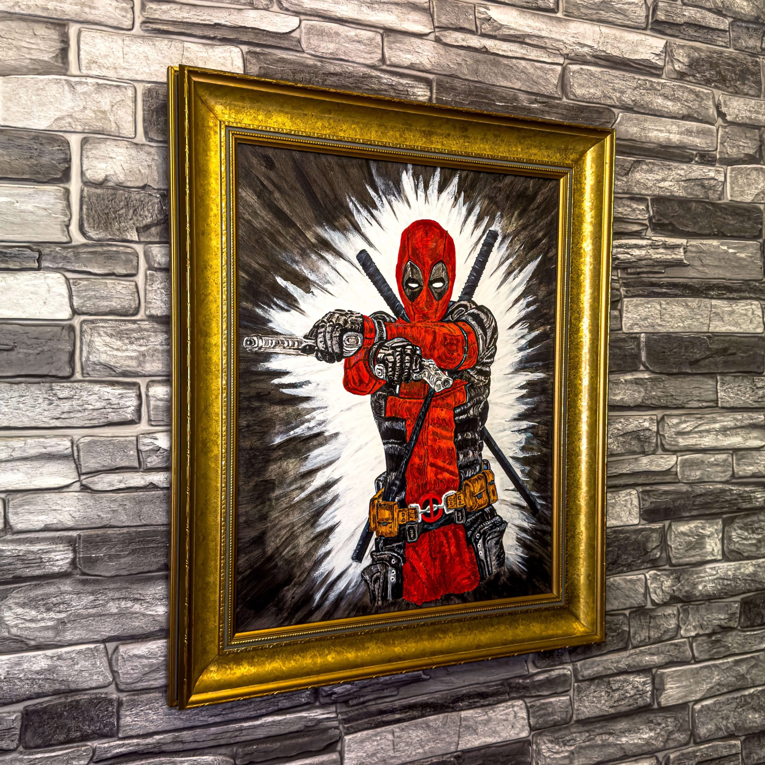 Painting of Deadpool in acrylic paint on card
