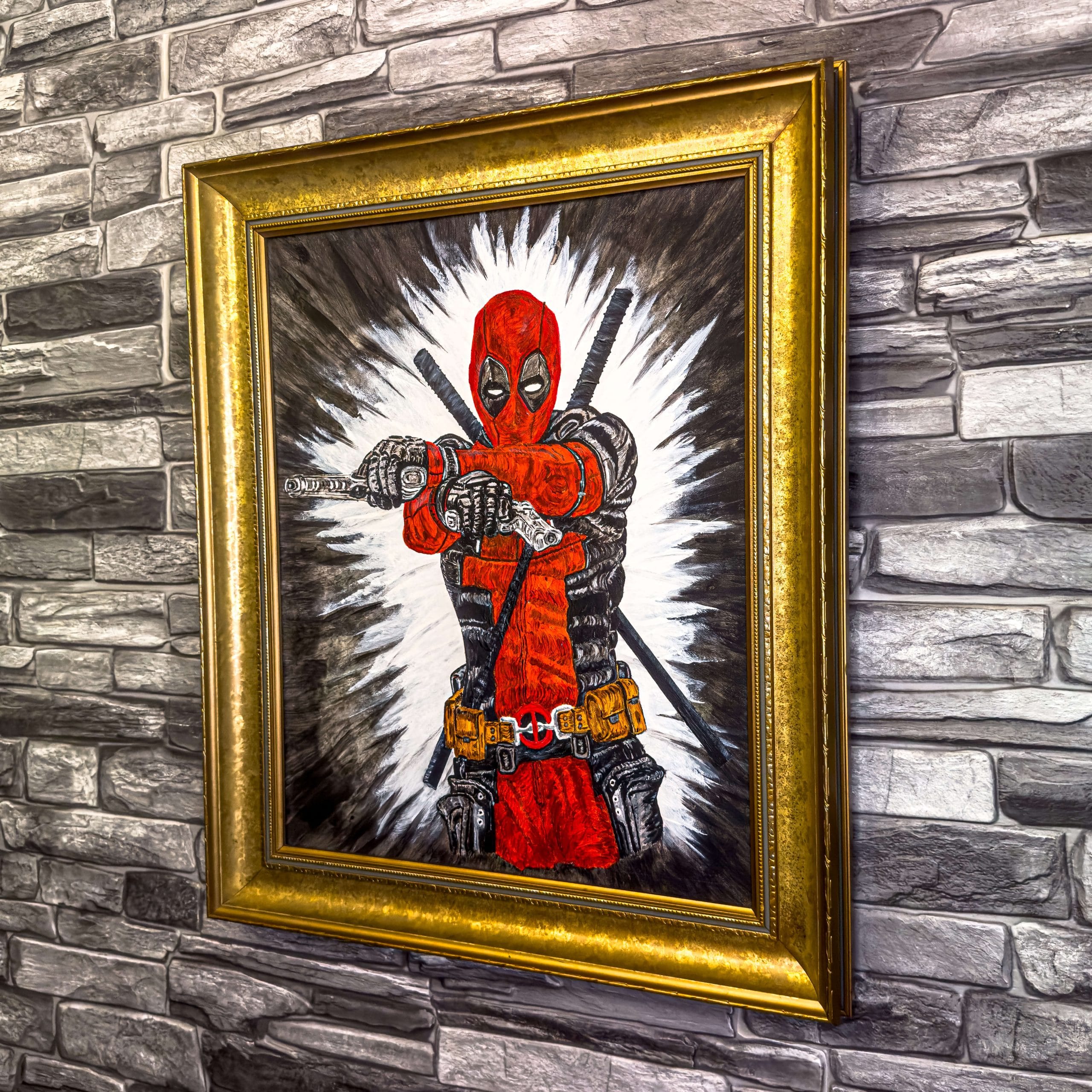 Painting of Deadpool in acrylic paint on card