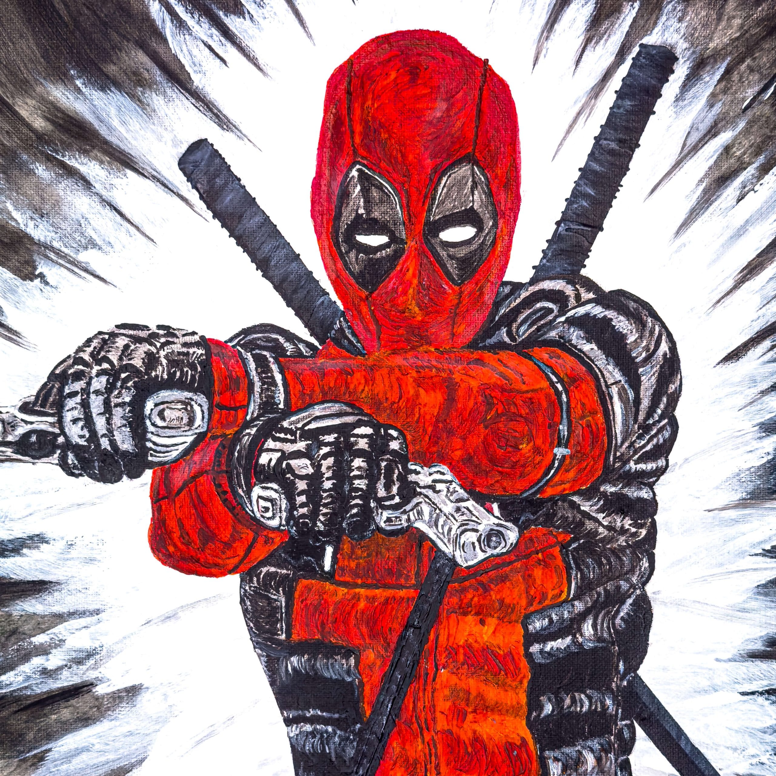 Close up of a painting of Deadpool in acrylic paint on card