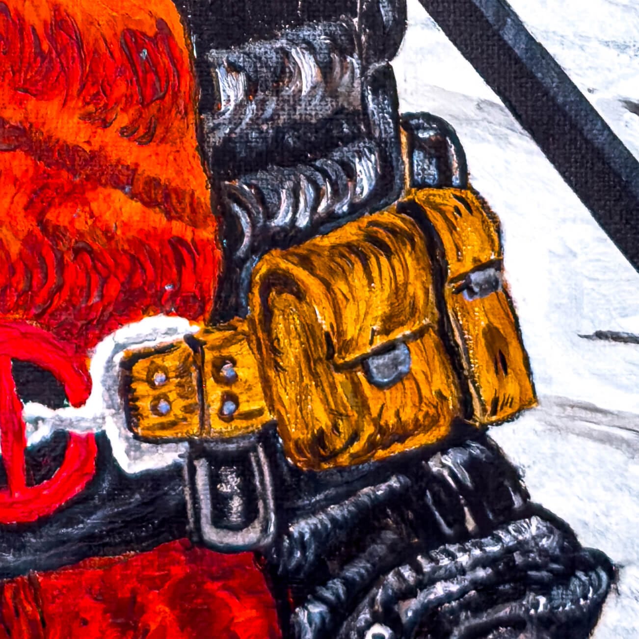 Close up of a painting of Deadpool in acrylic paint on card