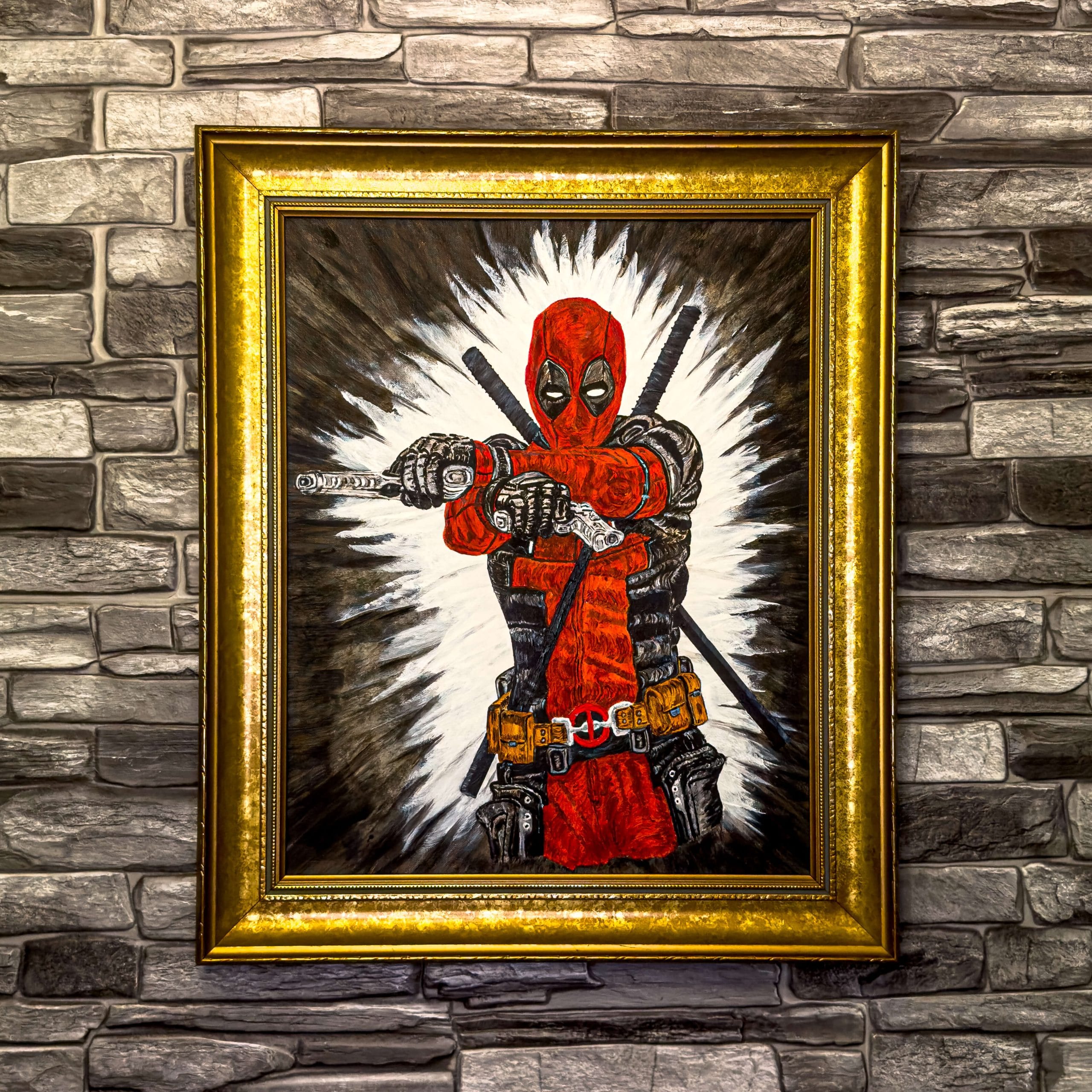 Painting of Deadpool in acrylic paint on card