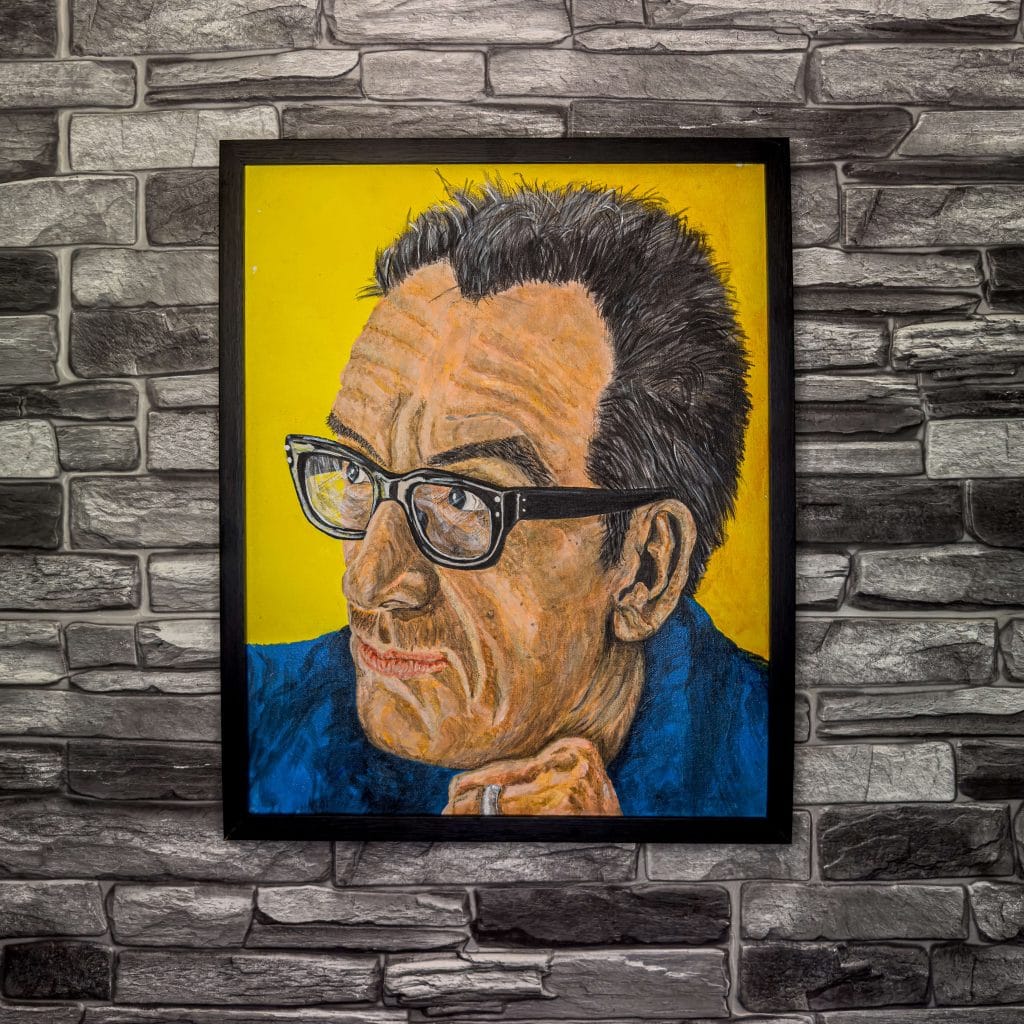 Painting of Elvis Costello in acrylic paint on canvas
