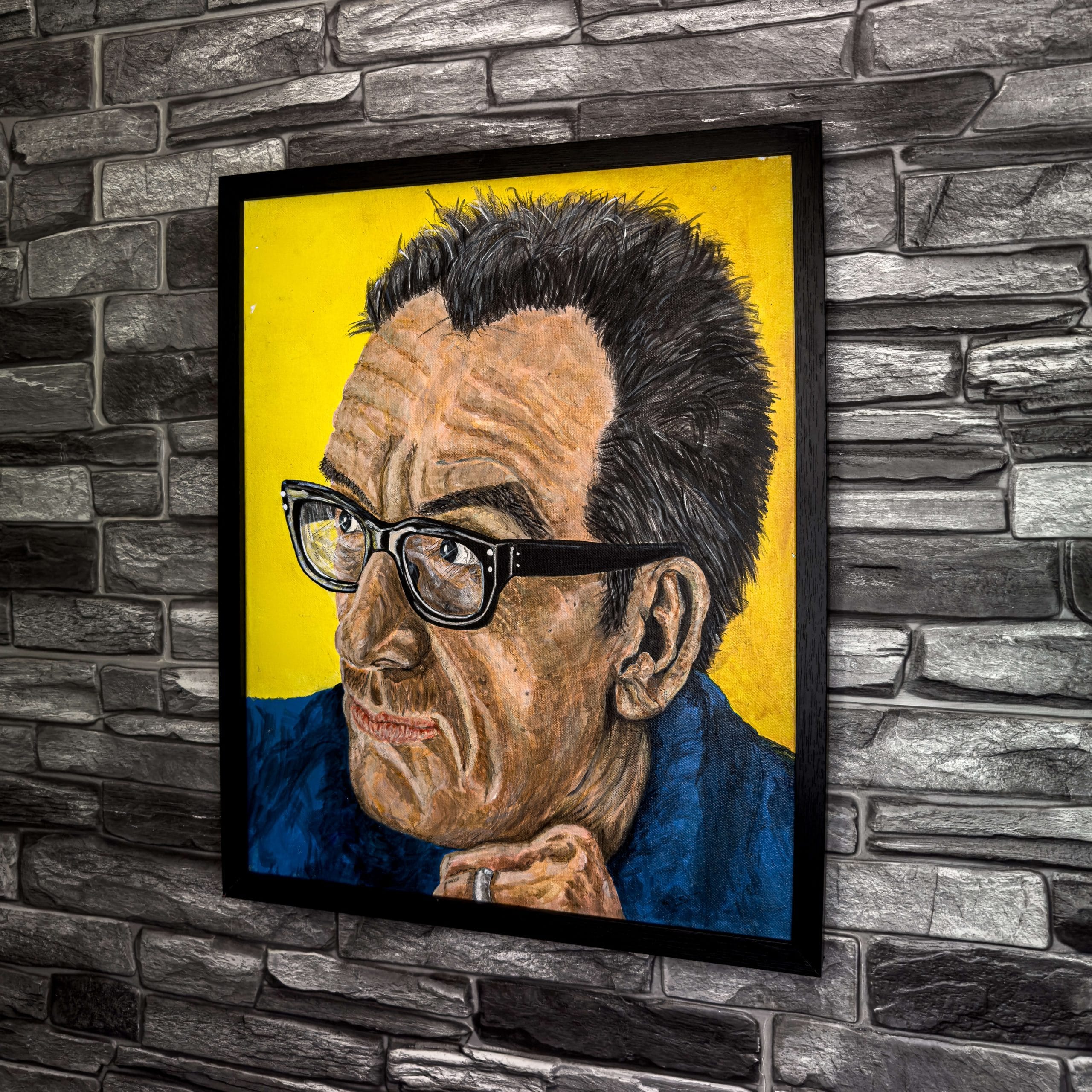 Painting of Elvis Costello in acrylic paint on canvas