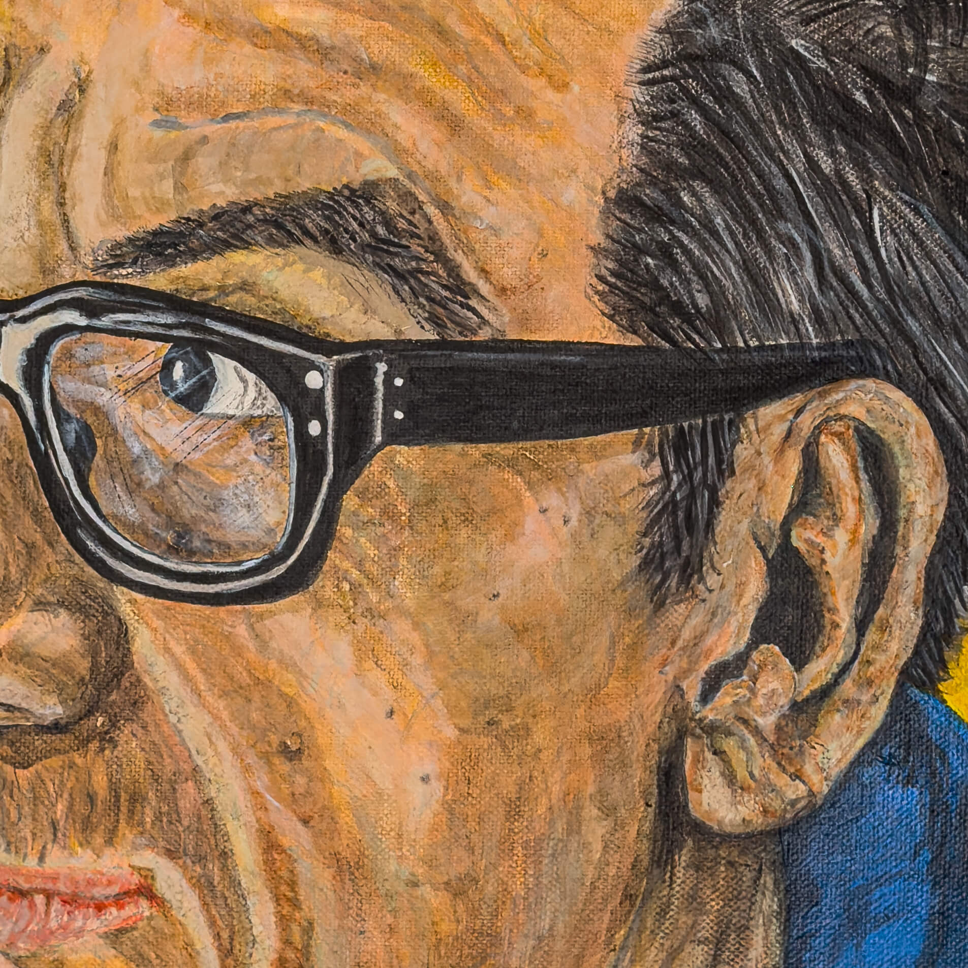 Close up of a painting of Elvis Costello in acrylic paint on canvas