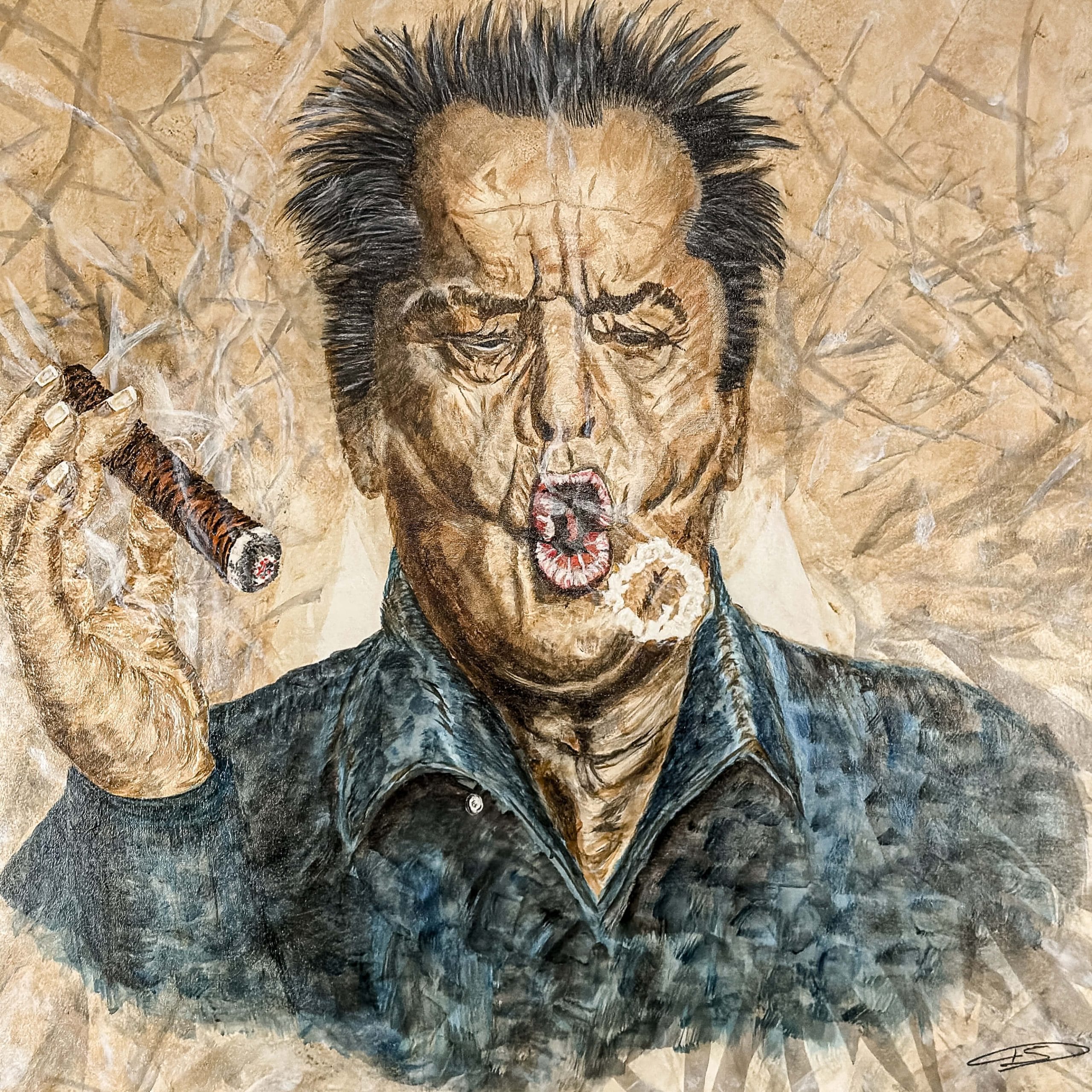Close up of painting of Jack Nicholson on canvas by artist De Brûlart