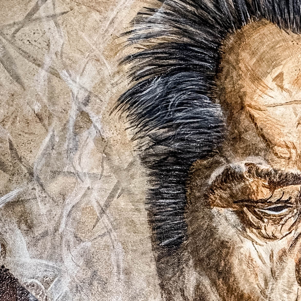 Close up of painting of Jack Nicholson on canvas by artist De Brûlart