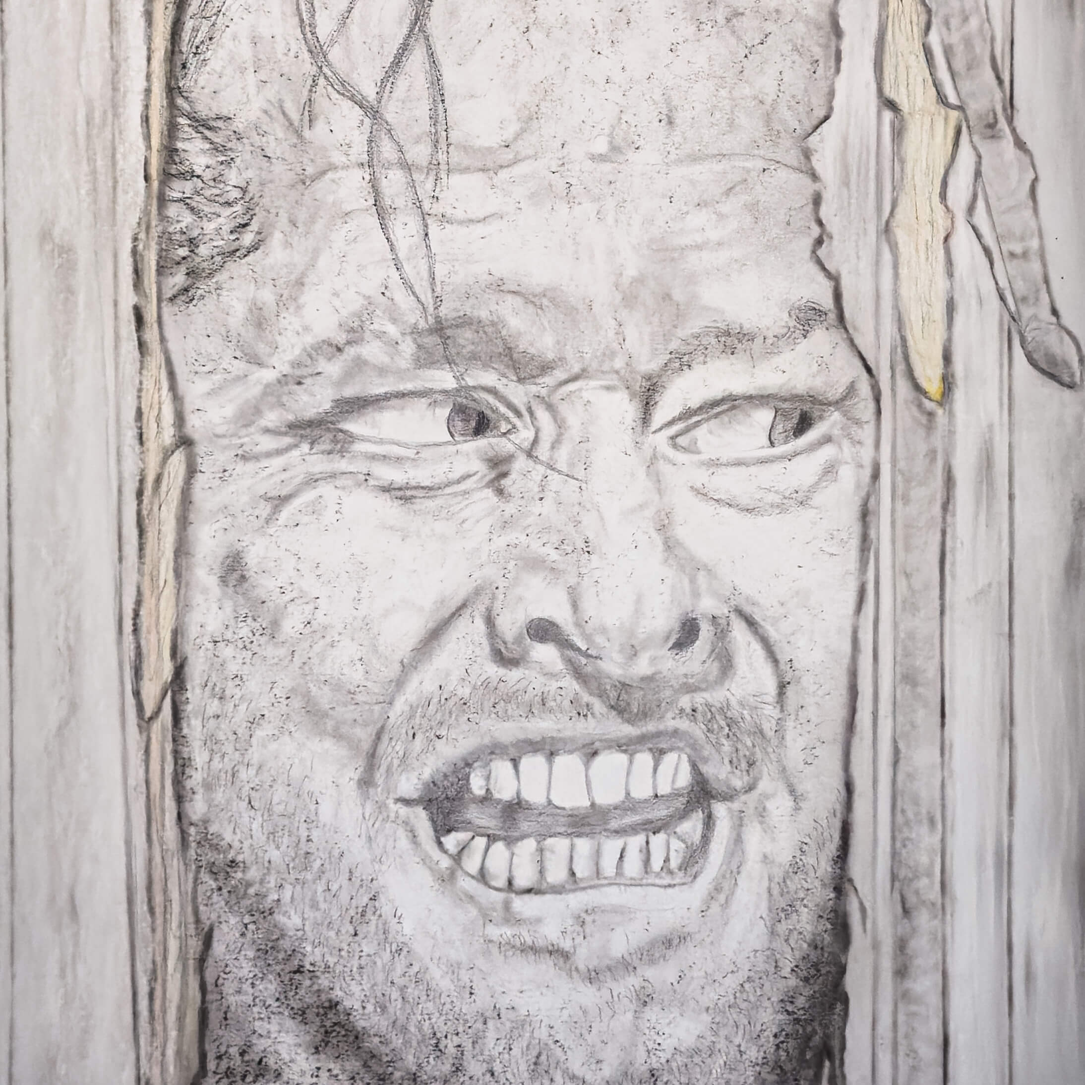 Close up of De Brûlart's drawing of Jack Torrance, using pencil on card