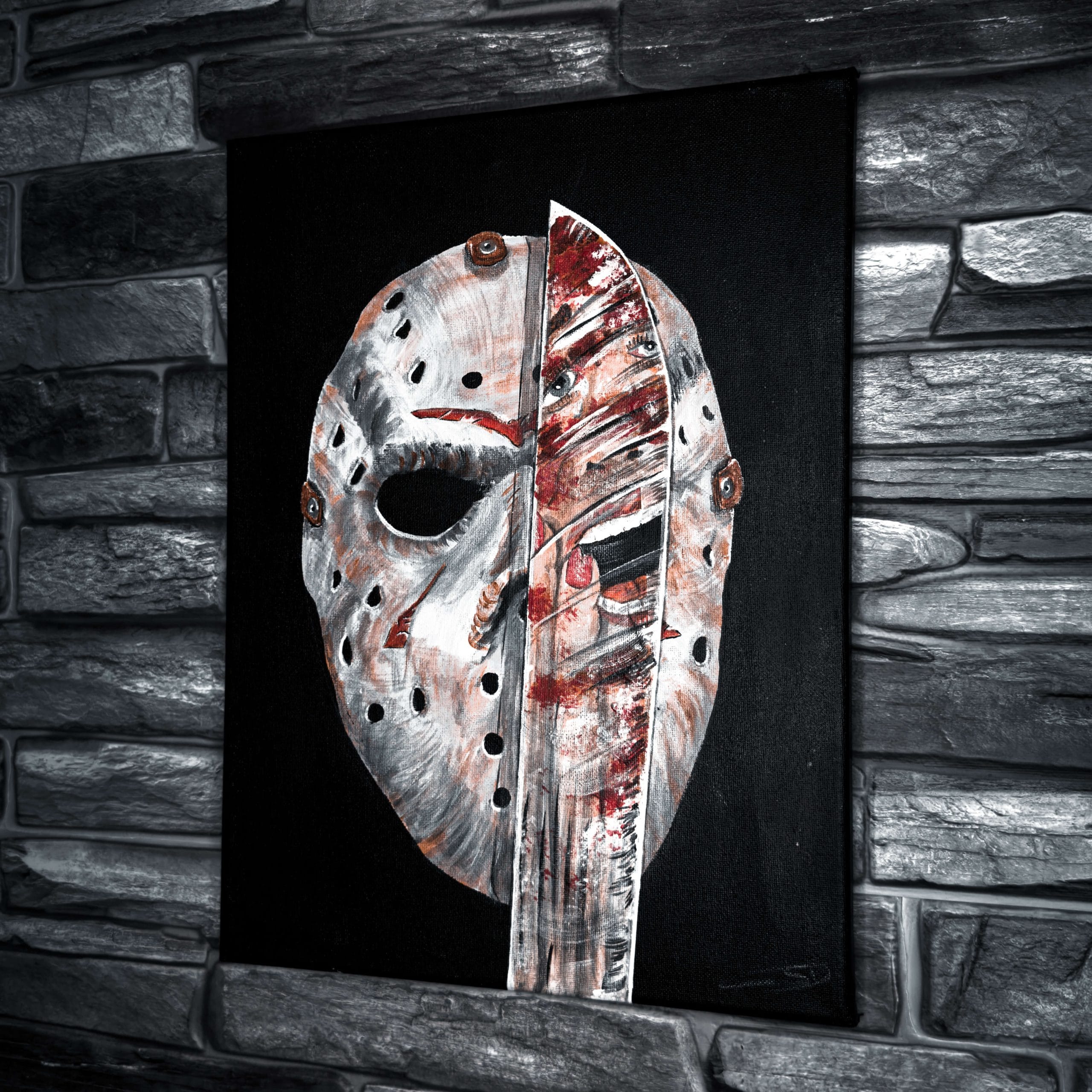 Jason Voorhees' mask encapsulated on canvas using acrylic paint by artist De Brûlart