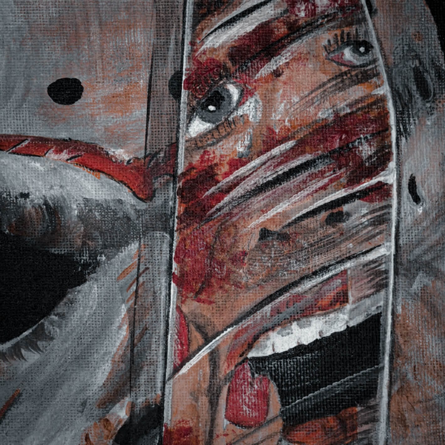 Close up of Jason Voorhees' mask encapsulated on canvas using acrylic paint by artist De Brûlart
