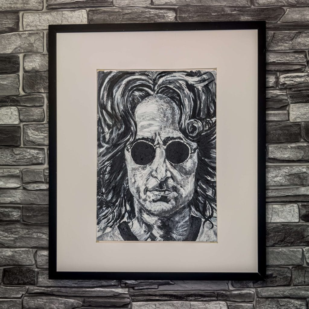 Black & White Painting of John Lennon, using acrylic paint on canvas