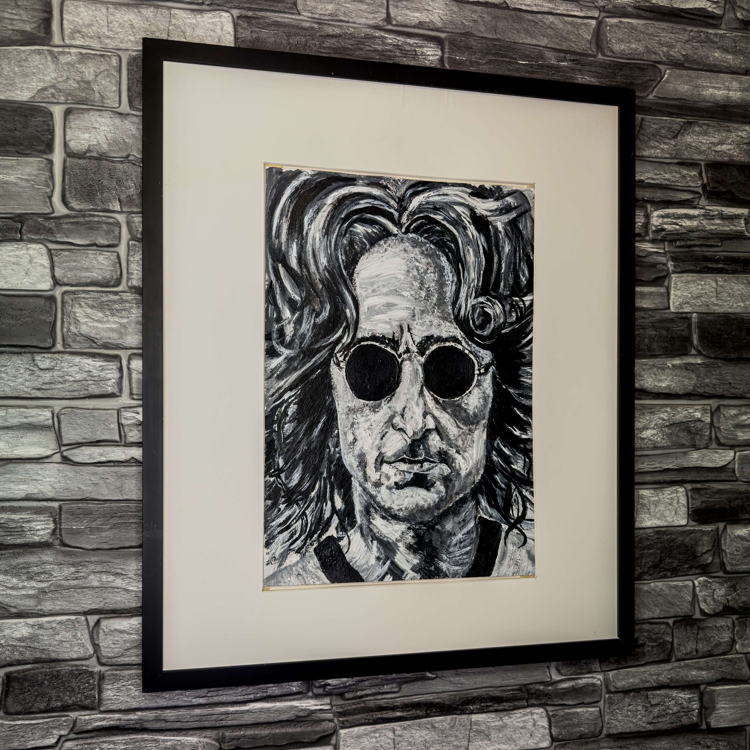 Black & White Painting of John Lennon, using acrylic paint on canvas