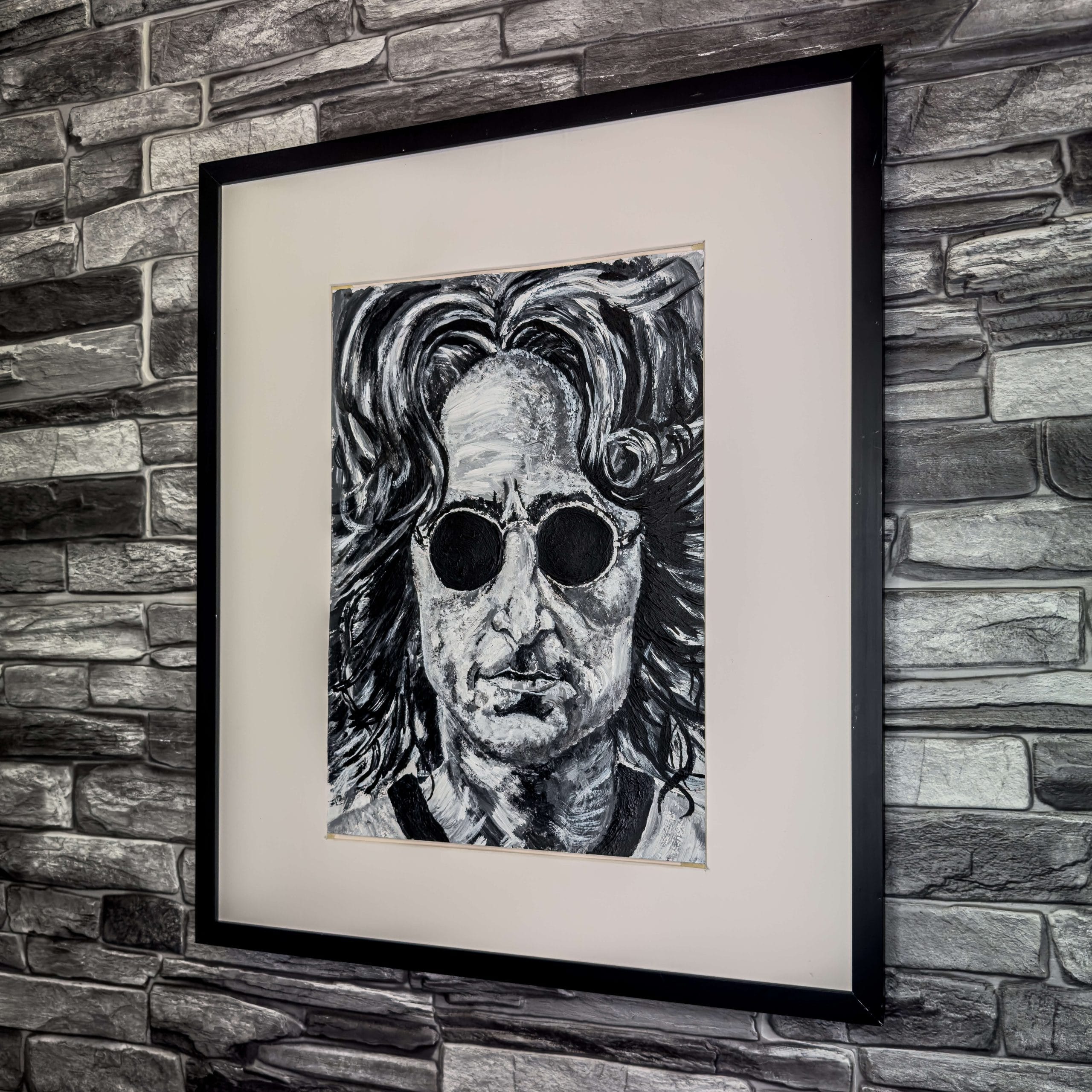 Black & White Painting of John Lennon, using acrylic paint on canvas