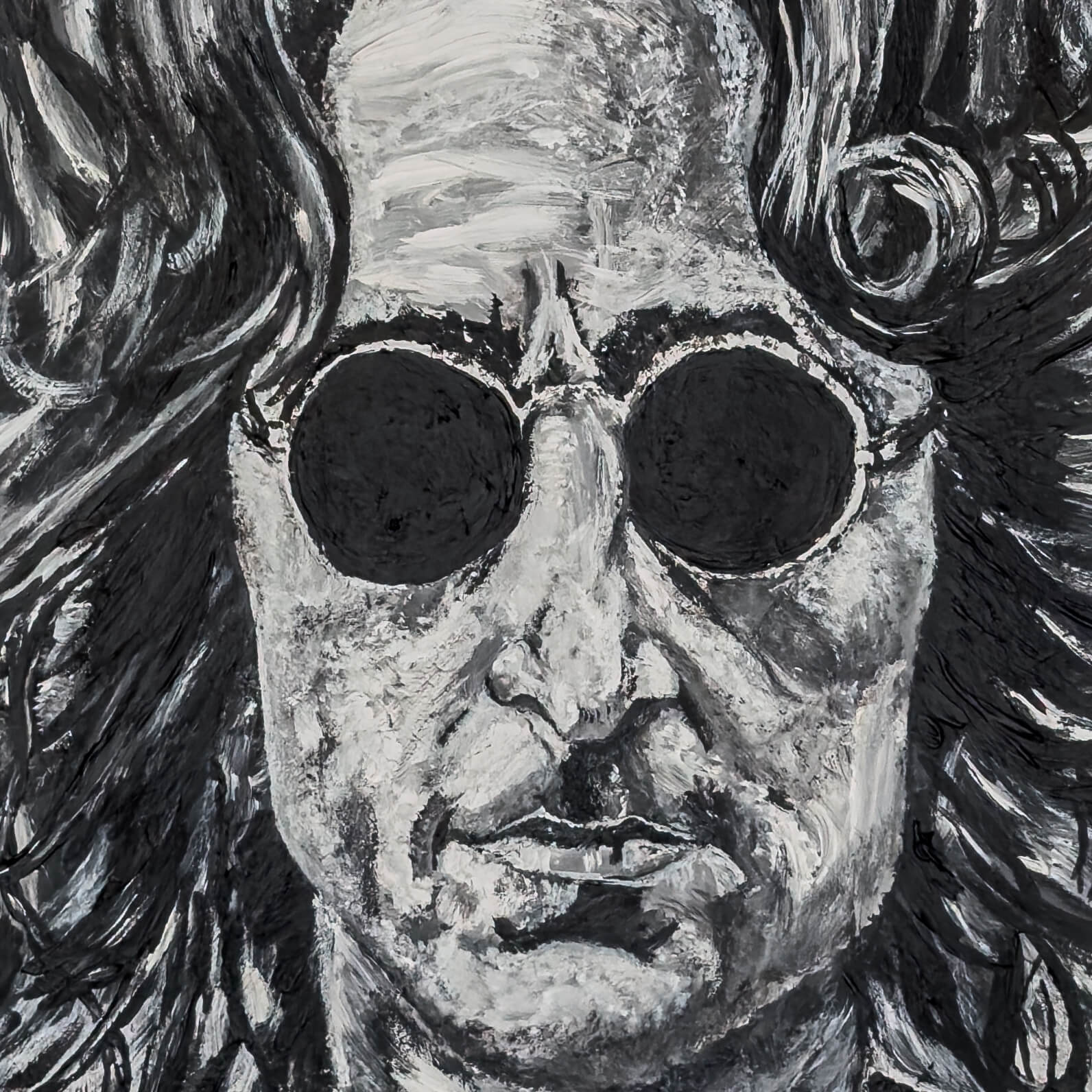 Close up of a Black & White painting of John Lennon, using acrylic paint on canvas