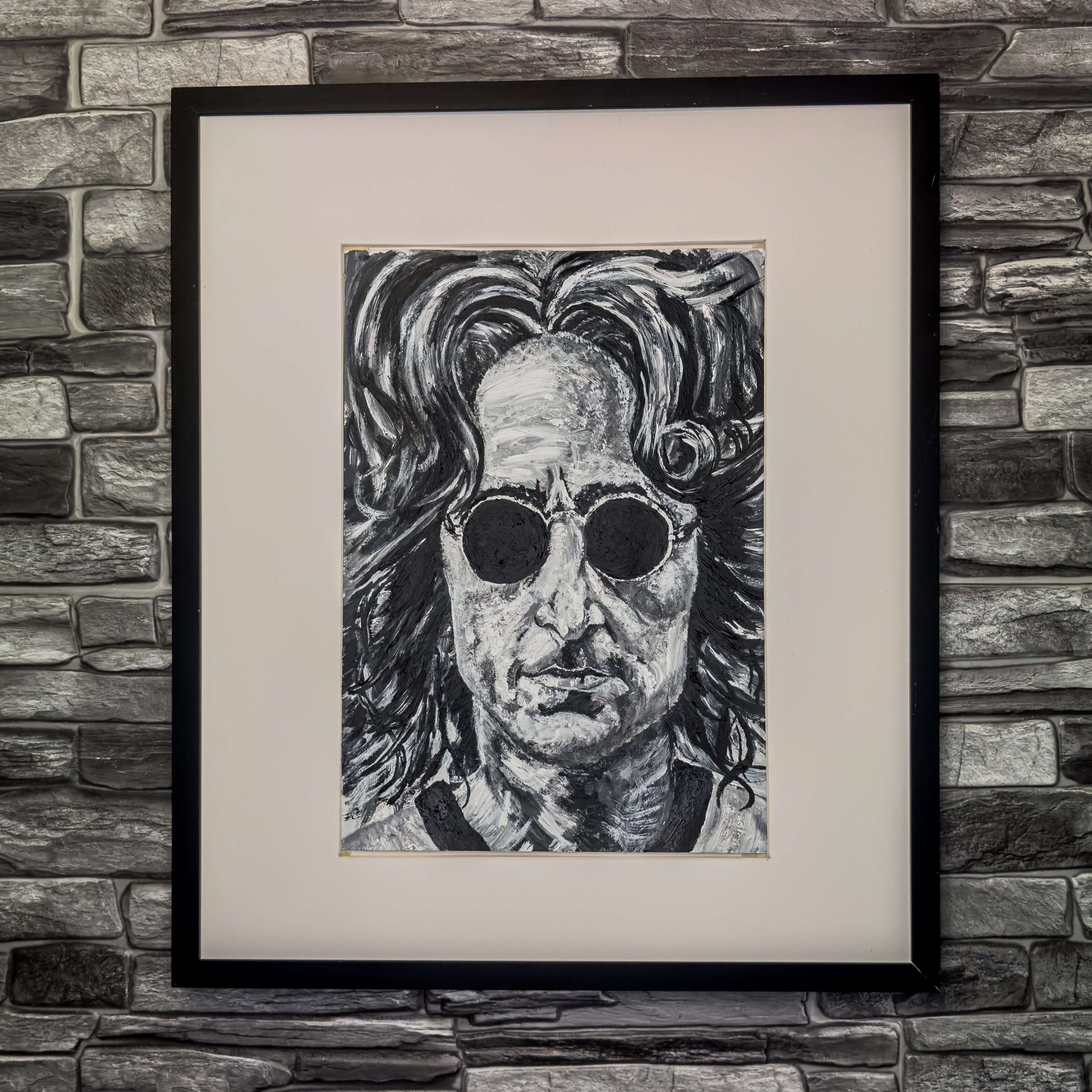 Black & White Painting of John Lennon, using acrylic paint on canvas