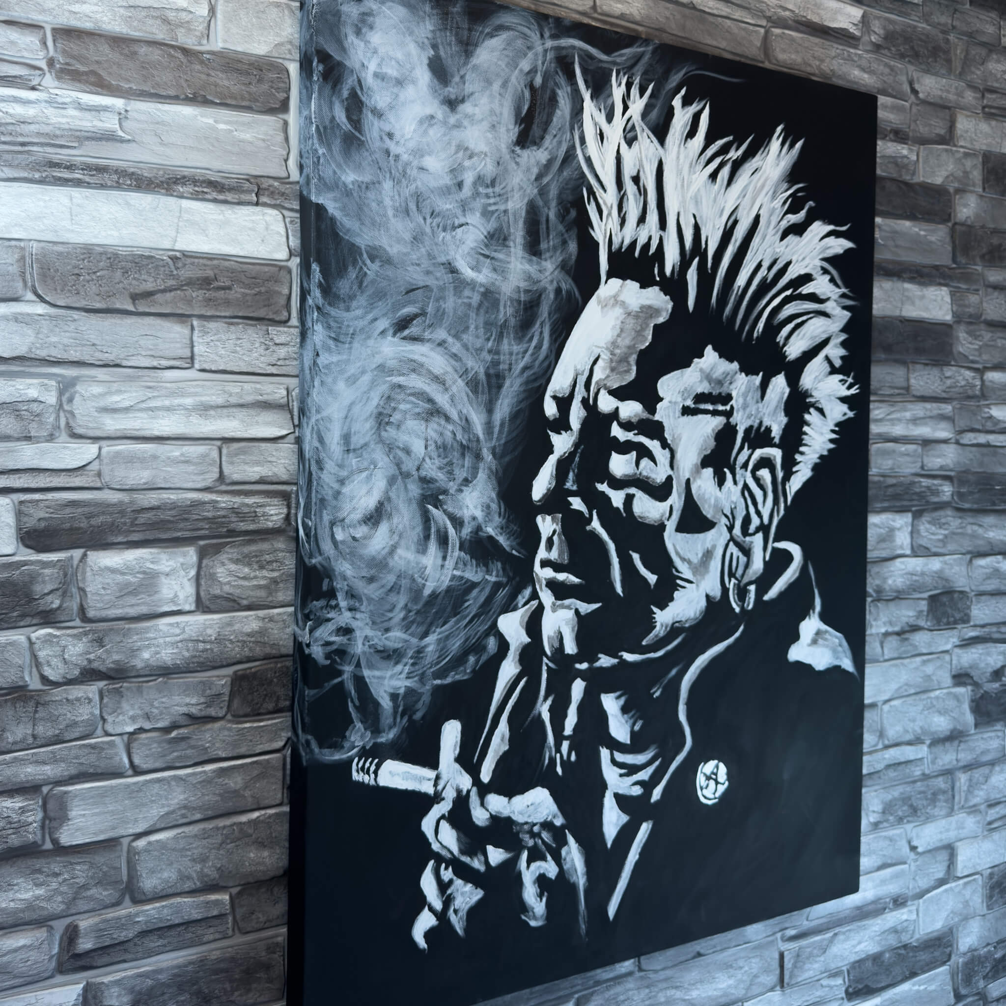 Painting of John Lydon (a.k.a. Johnny Rotten of the Sex Pistols) on canvas by artist De Brûlart