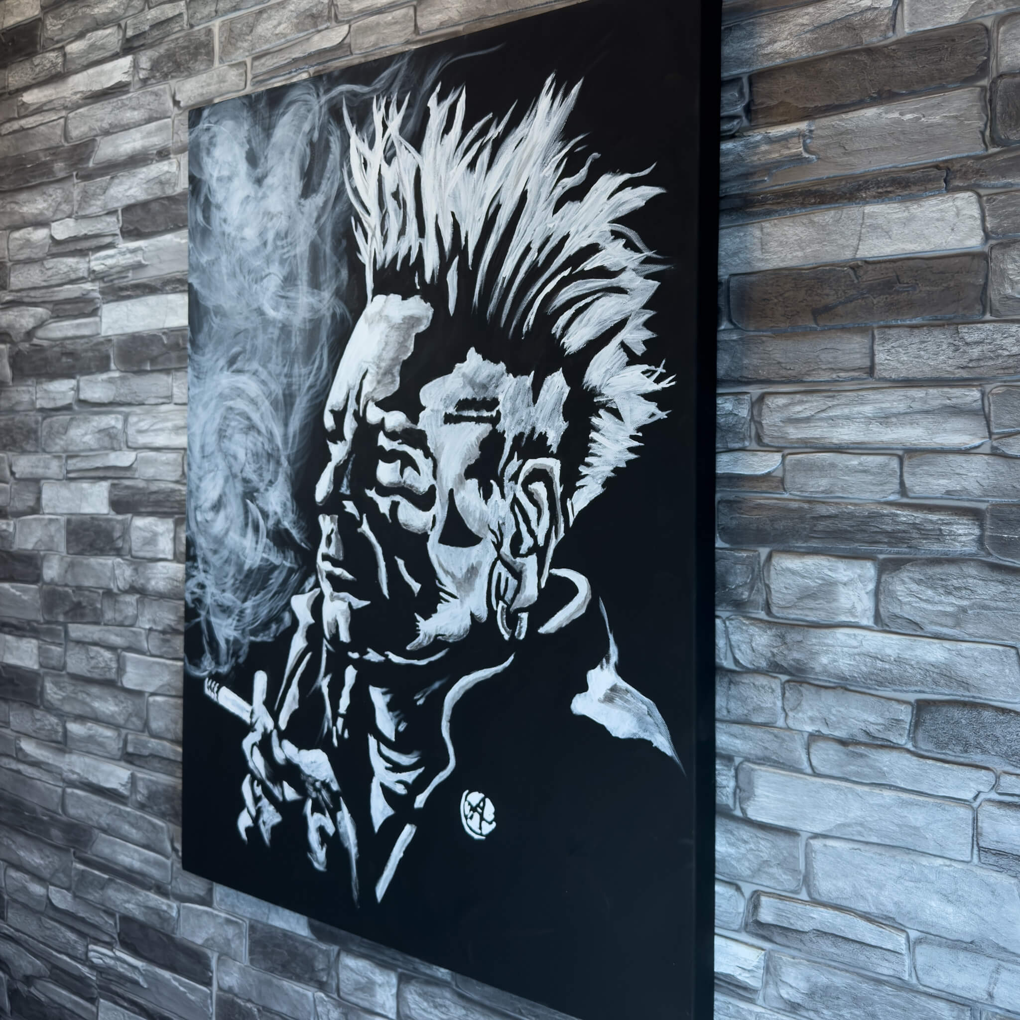 Painting of John Lydon (a.k.a. Johnny Rotten of the Sex Pistols) on canvas by artist De Brûlart