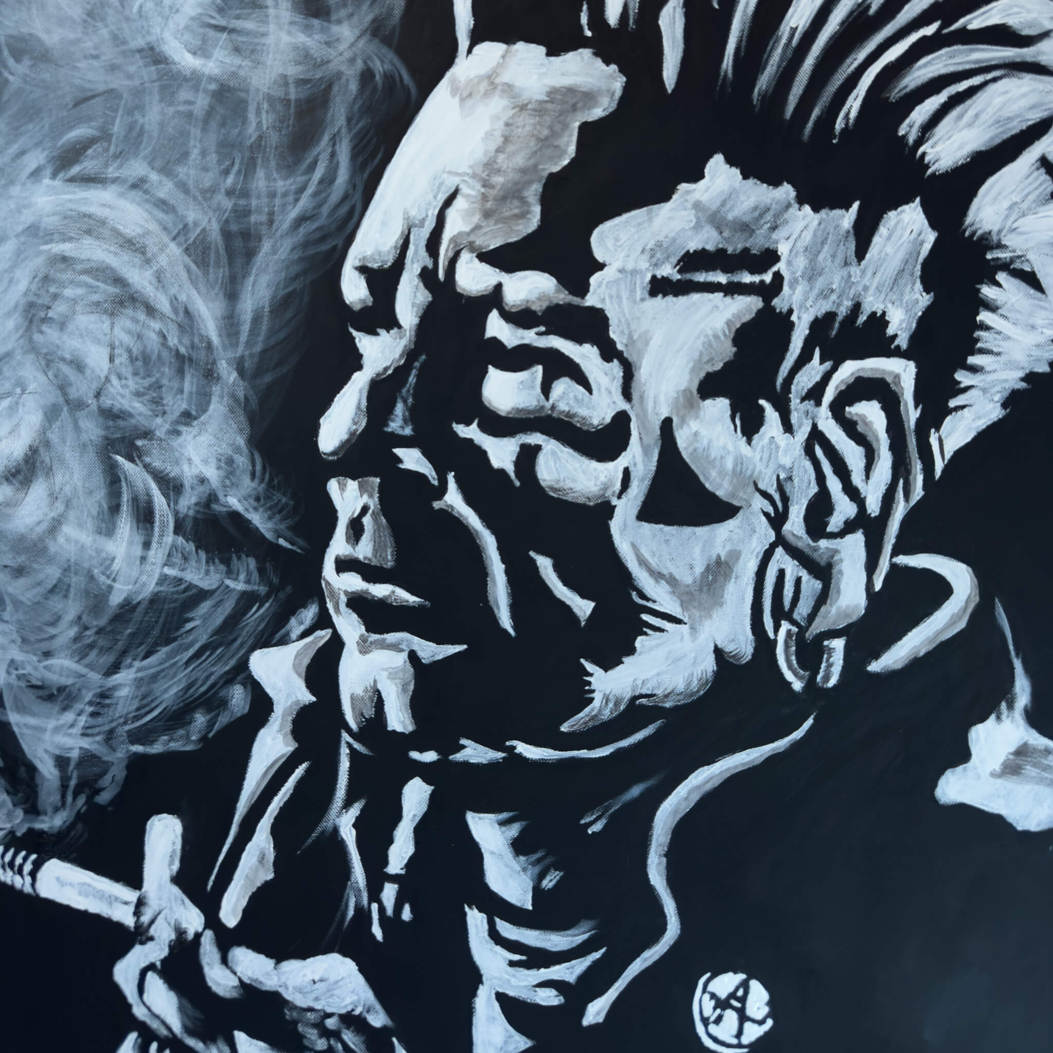 Close up of painting of John Lydon (a.k.a. Johnny Rotten of the Sex Pistols) on canvas by artist De Brûlart