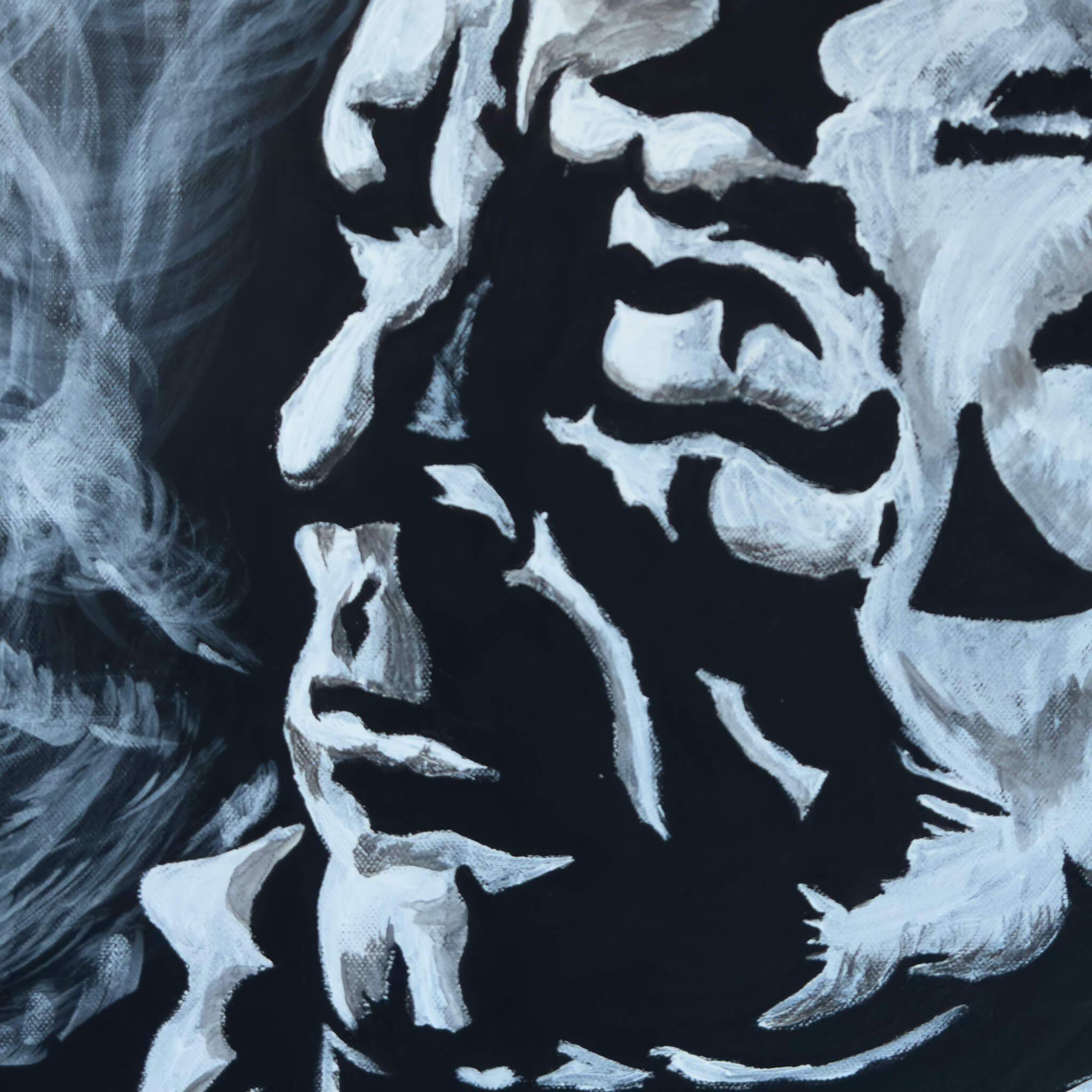 Close up of painting of John Lydon (a.k.a. Johnny Rotten of the Sex Pistols) on canvas by artist De Brûlart