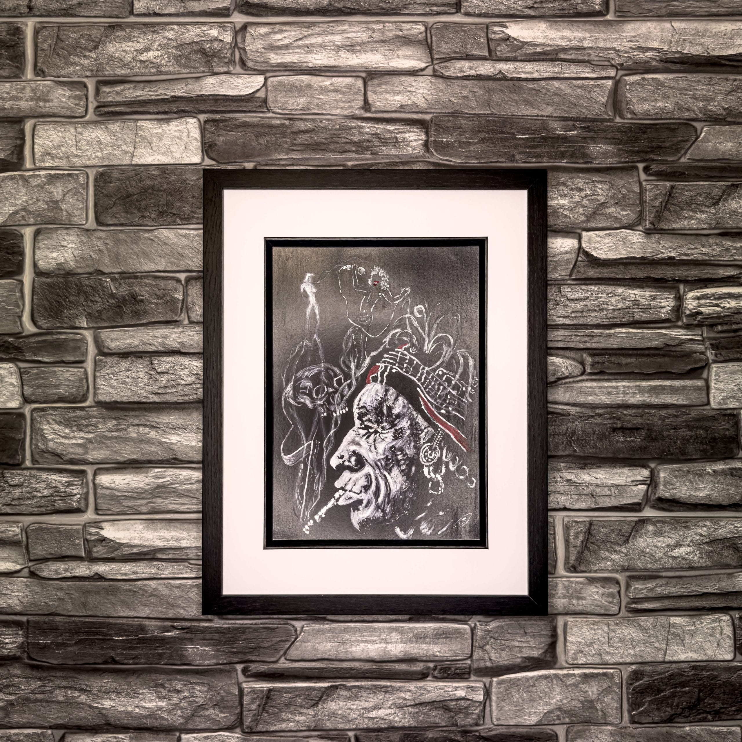 Acrylic painting of Keith Richards on black card