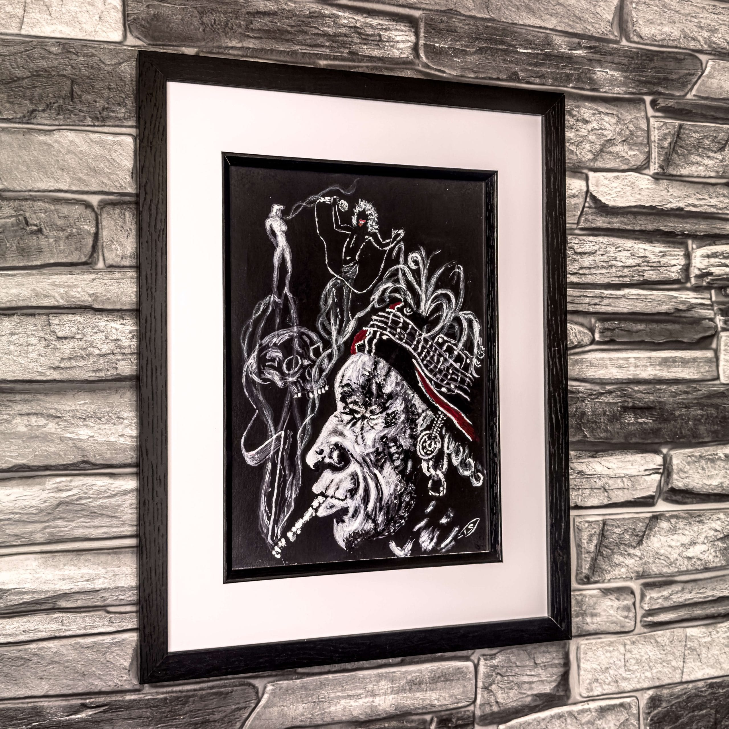 Acrylic painting of Keith Richards on black card