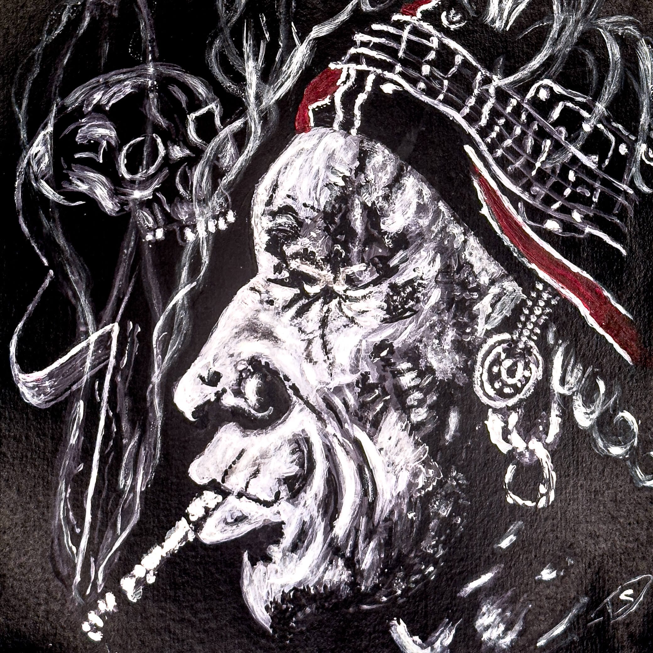 Close up of an acrylic painting of Keith Richards on black card