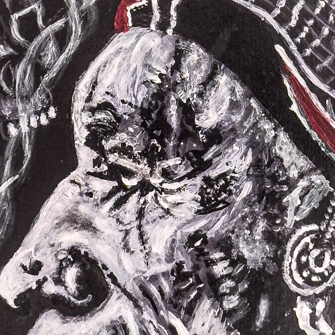 Close up of an acrylic painting of Keith Richards on black card