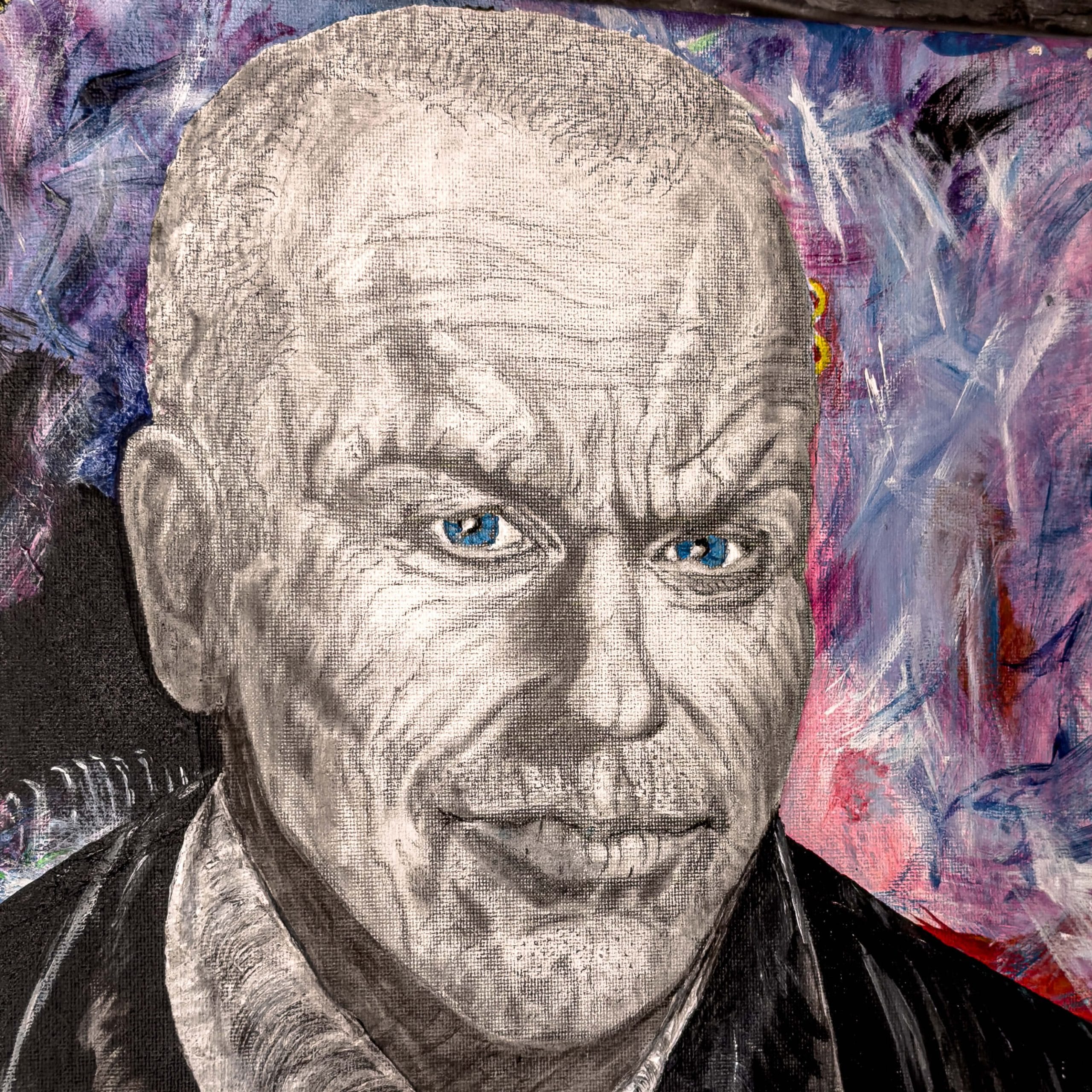 Close up of a painting of Michael Keaton using acrylic paint on canvas