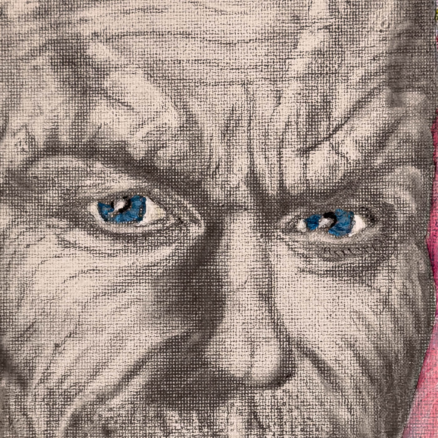 Close up of a painting of Michael Keaton using acrylic paint on canvas