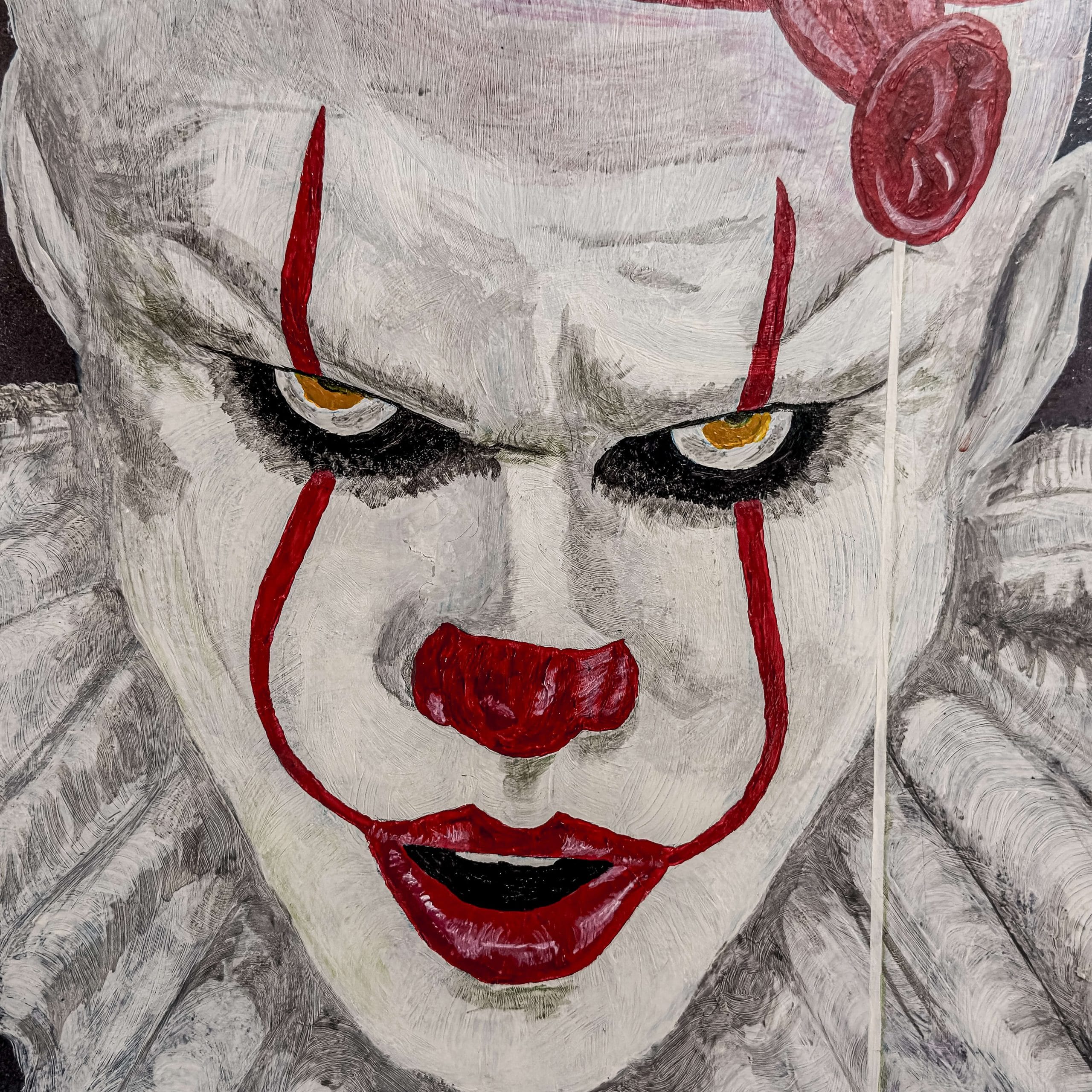 Close up of a stunning acrylic painting of Pennywise portrayed by Bill Skarsgård